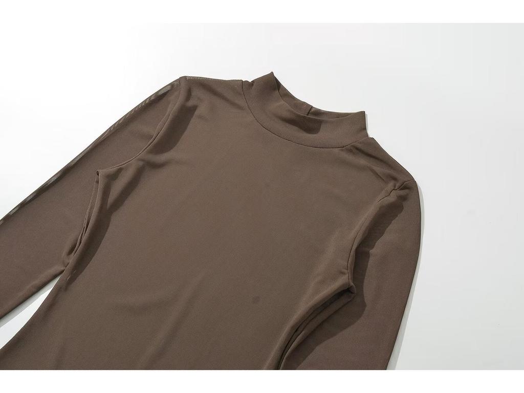 Body da donna YPFF alla moda con colletto alto e rete: Top a strati sexy trasparente a maniche lunghe slim fit