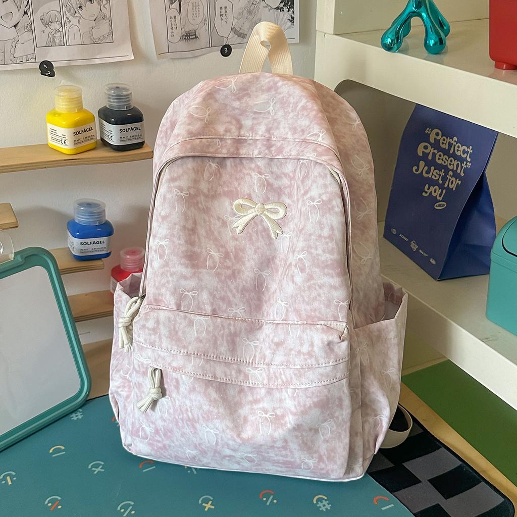 Schoolbag New Korean Version Ins Tie-dye Wind Fog Feeling Small Fresh Backpack Bow Print Primary School Bag Women's Backpack