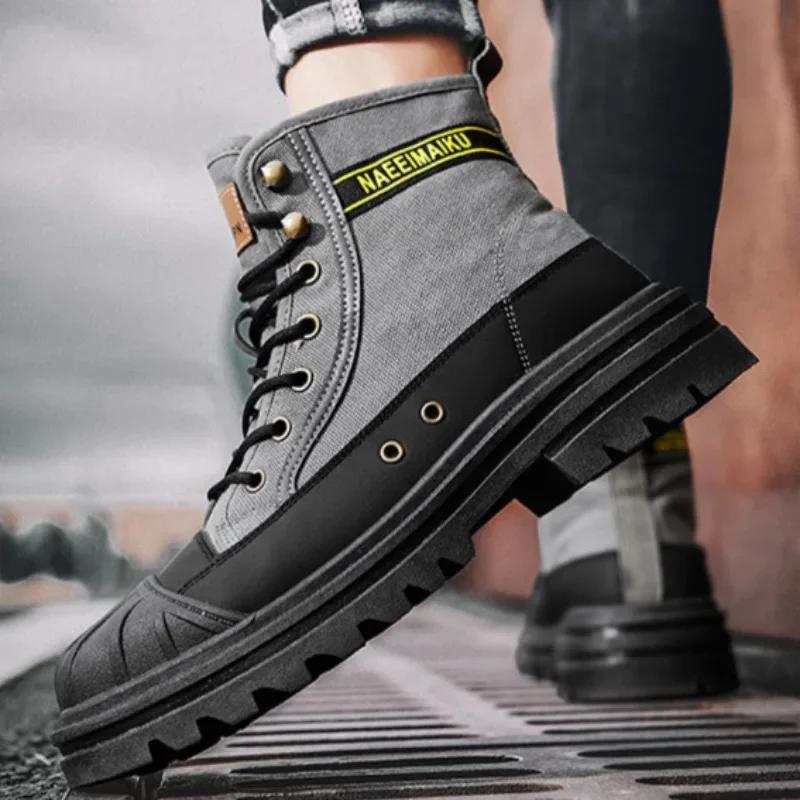 Herr Ankelstövlar Mode Höga Sneakers för Män Andningsbara Canvas Vardagsstövlar Halkfria Kängor Vandringskängor Botas Masculinas