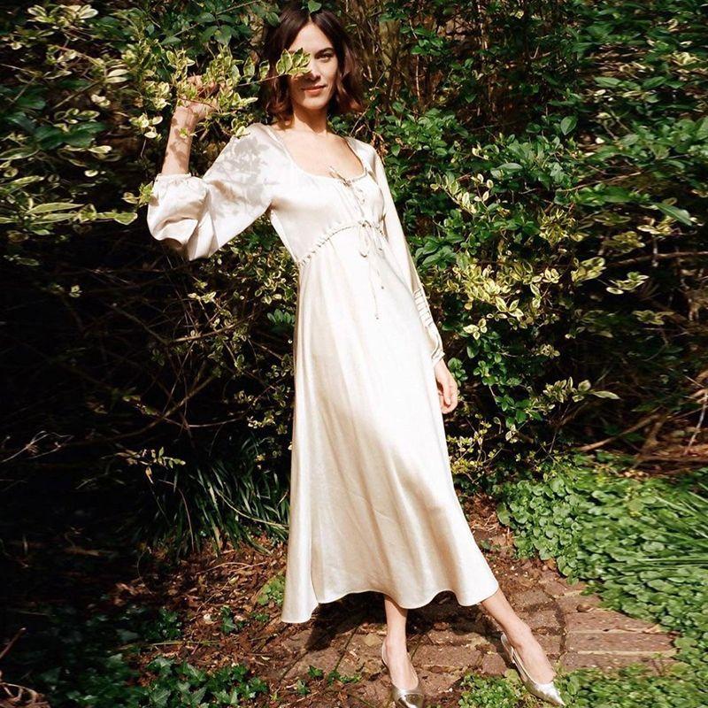 

Miss Zhong Same Style Sweet Girl Gentle Long Sleeves Dress Female Pajamas Seaside Vacation Dress Miss Zhong with champagne Dress M