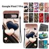 Handmade PU Leather Flip Case for Google Pixel 7 Pro Anti-Slip Shockproof Cover with Wrist Strap & Heart/Rose Cat Designs