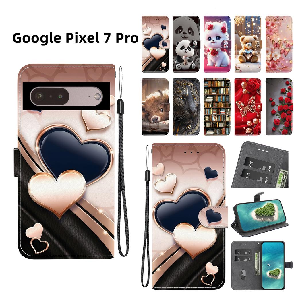 Handmade PU Leather Flip Case for Google Pixel 7 Pro Anti-Slip Shockproof Cover with Wrist Strap & Heart/Rose Cat Designs