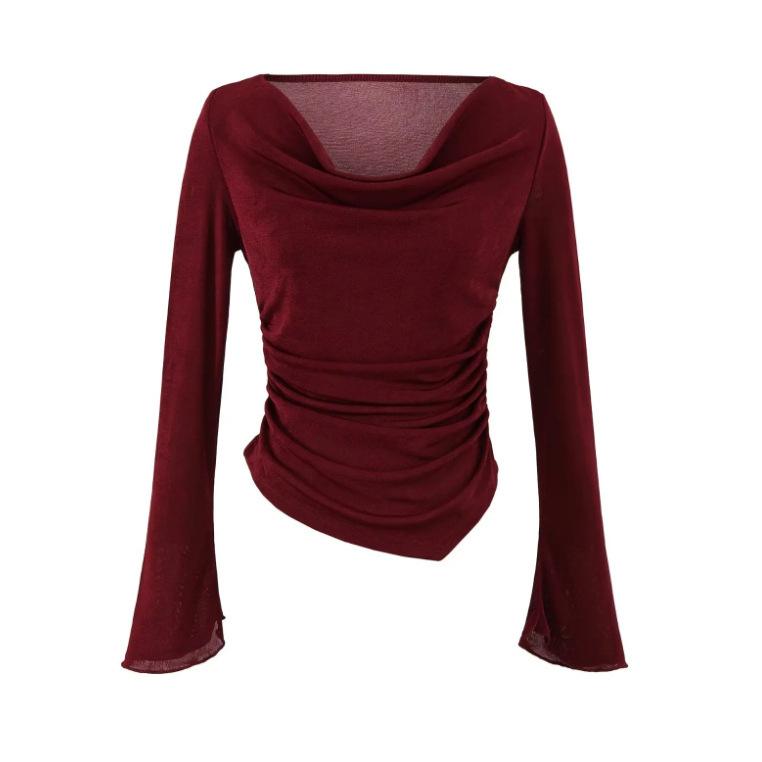 One-word Shoulder Swing Collar Long-sleeved T-shirt Women's Summer New American Solid Color Spice Girl Irregular Base Outer Top