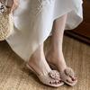 Fashion Summer Fashion Pleated Floral Slippers Women Sexy Square Toe Kitten Heel Slide Sandals Elegant Comfortable Brand Designer Shoes