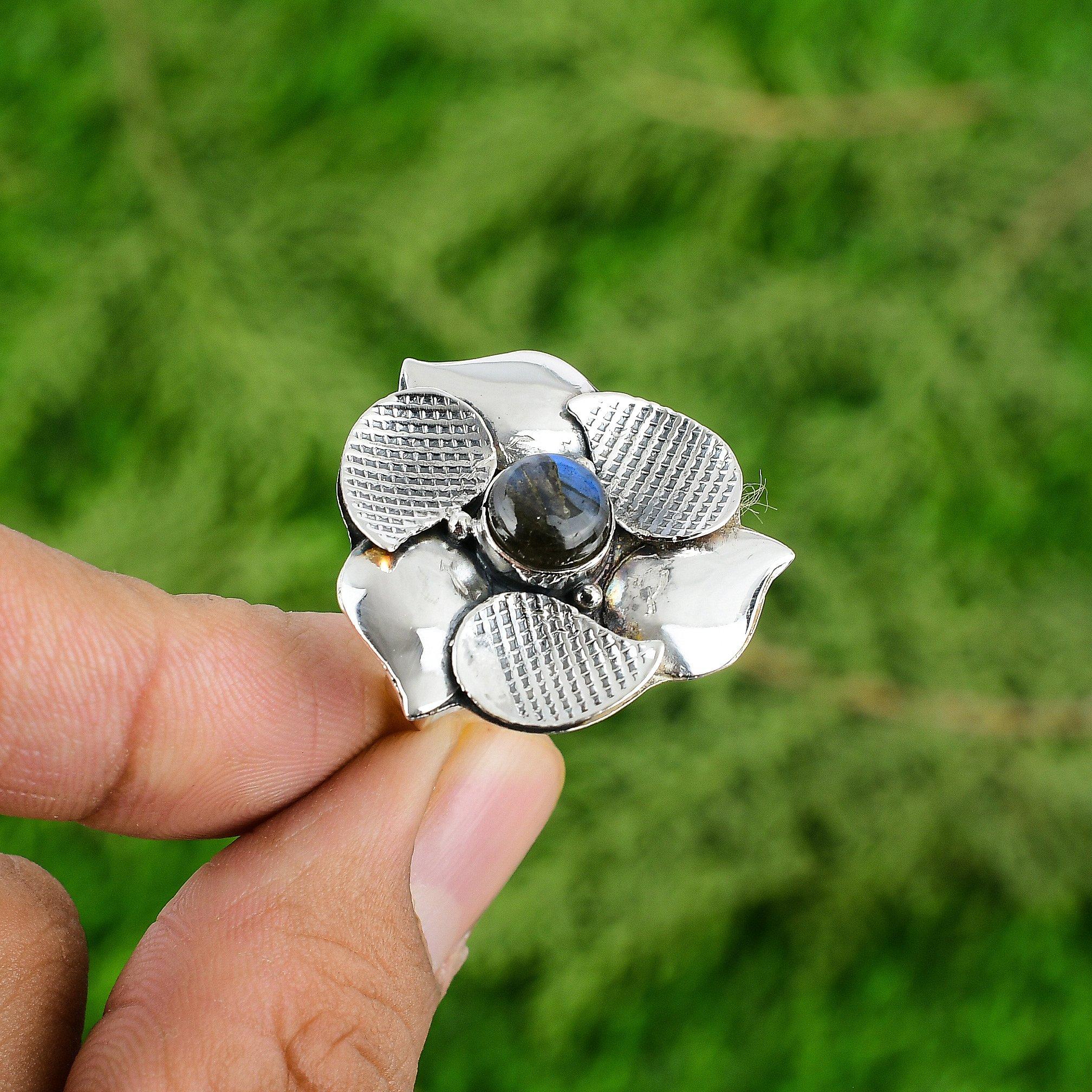 

Gift For Women Multi Stone Flower Adjustable Ring 925 Silver Natural Labradorite Adjustable