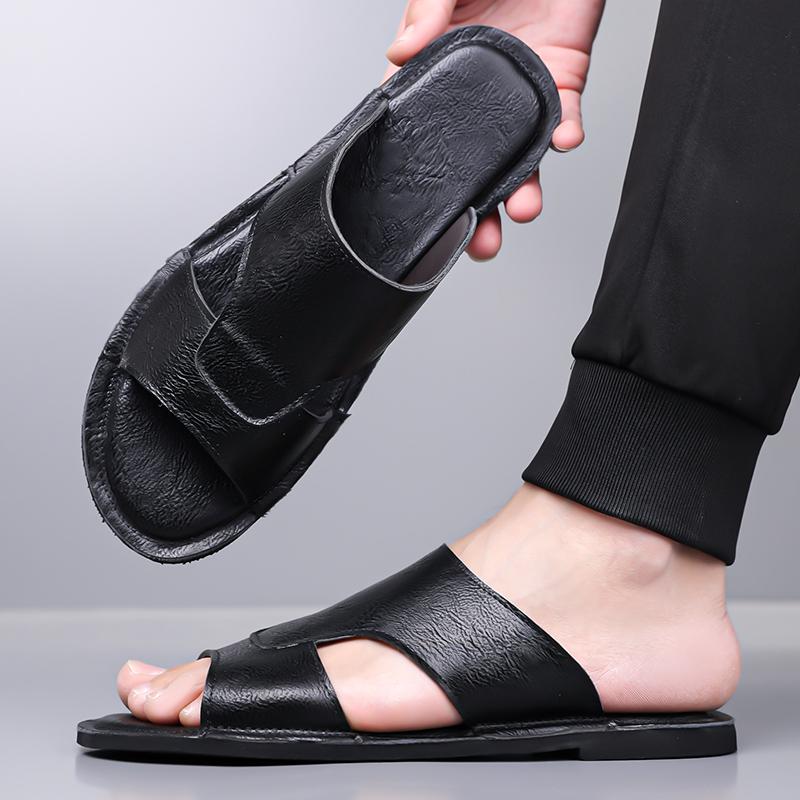 Men Black Leather Slippers Handmade Simple Flats Summer Brown Roman Sandals Open Toe Beach Shoes Plus Size