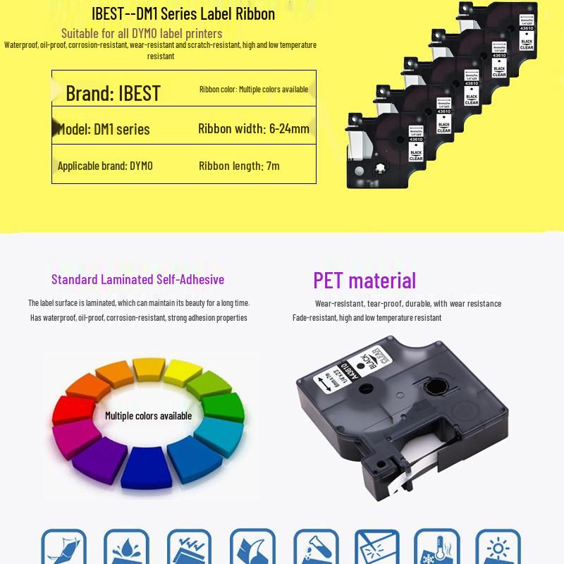 iBest DYMO DM1 Compatible 12mm Waterproof Scratch-Resistant Label Tape 45010 Series