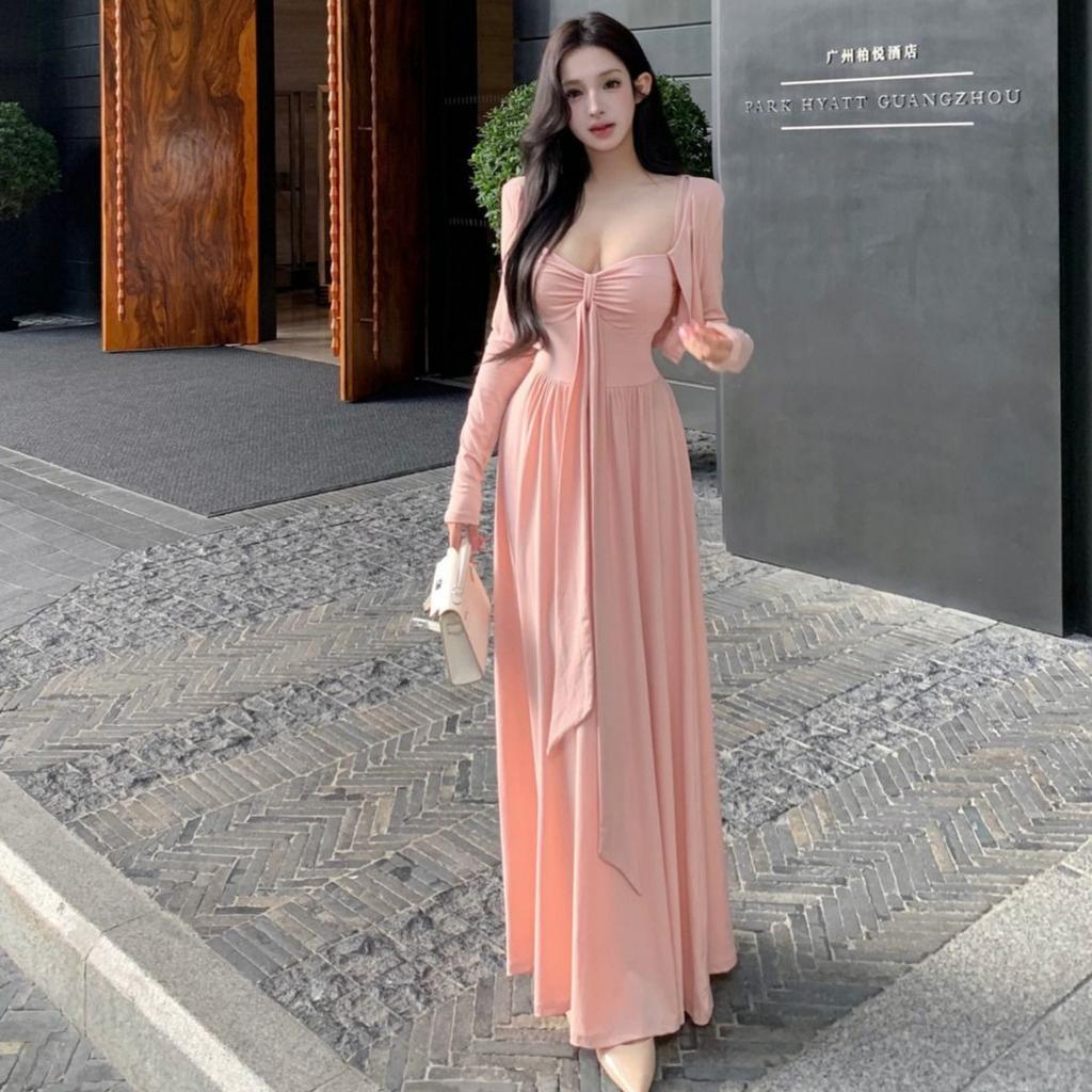2026 New French Pure Desire Style Pink Suspender Dress Children's Autumn and Winter Cardigan Wear with Long Dress Set