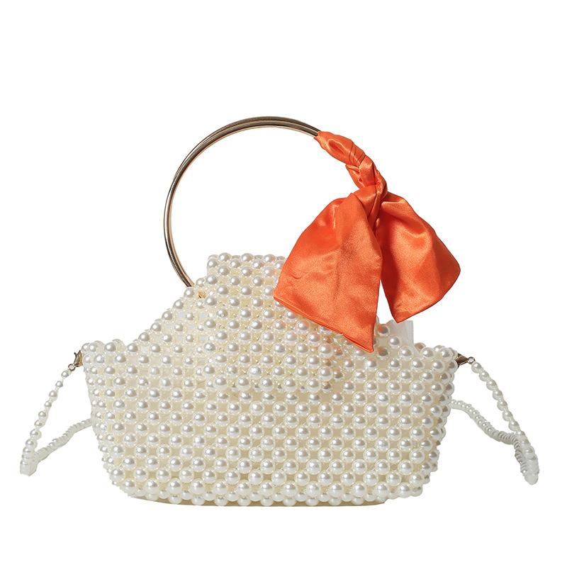 Cute little fragrant style imitation pearl woven silk scarf bow women s small square bag 24 spring new shoulder messenger bag белый