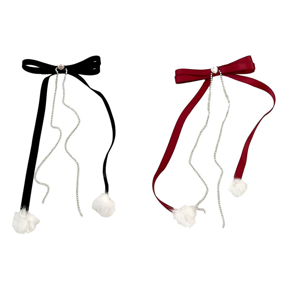 Cute Sweet Girly Bow Hair Clip Bow Long Ribbon Y2K Pompoms Bow Bunches Rhinestones Sweet Balletcore Style