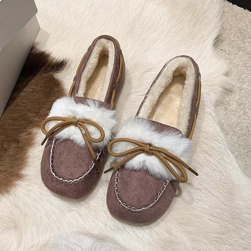 Fur integrated Doudou shoes women's winter velvet new versatile flat-bottomed thick-soled one-pedal fluffy cotton shoes women