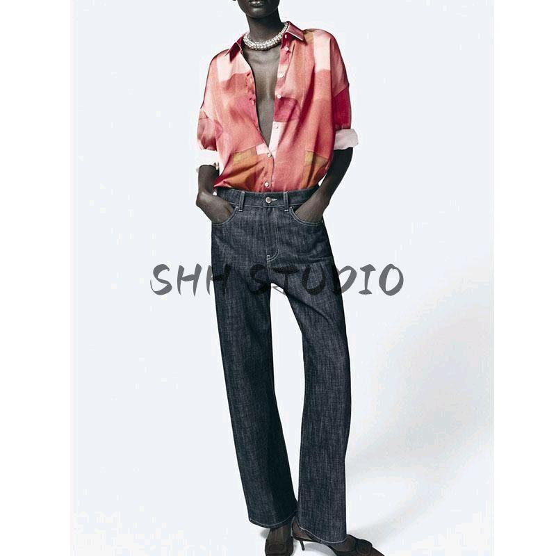 Spring New Women's Clothing French Geometric Figure Print Loose Silk Satin Texture Long Sleeves Shirt 2628188