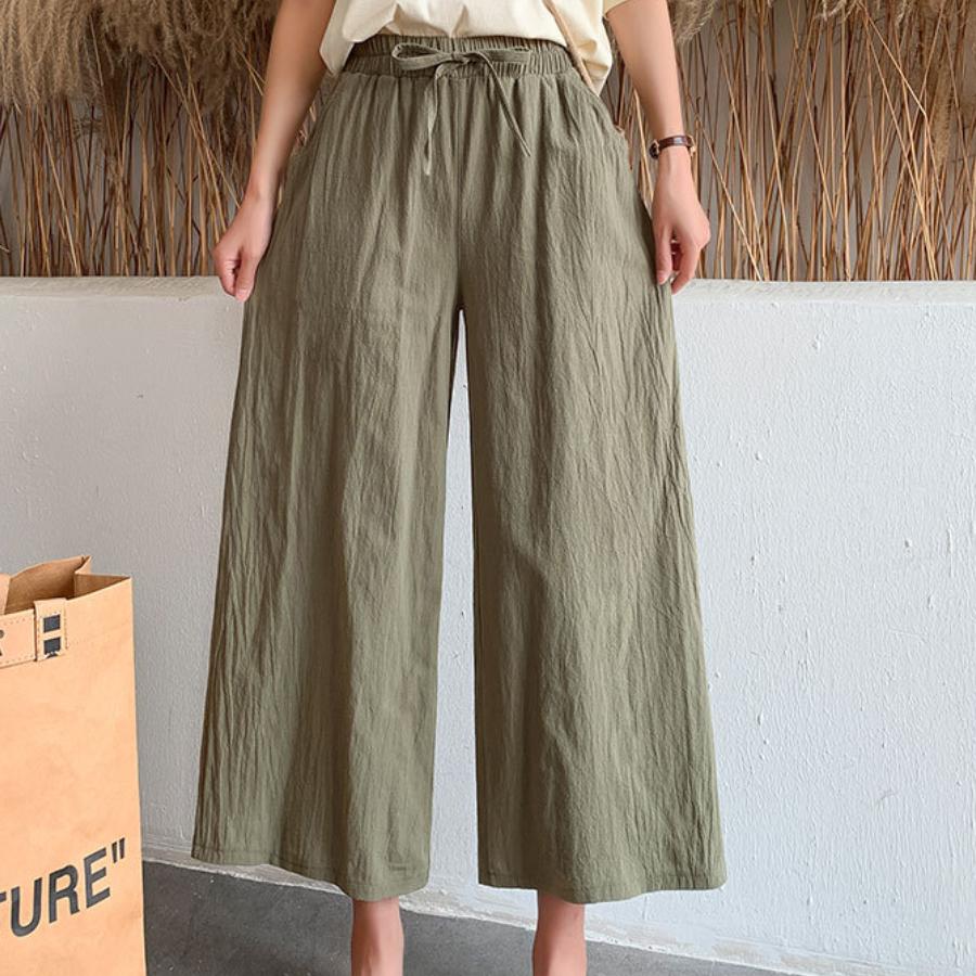 Women Summer Autumn Cotton Linen Pants High Waist Solid Color Wide Leg Cropped Pants