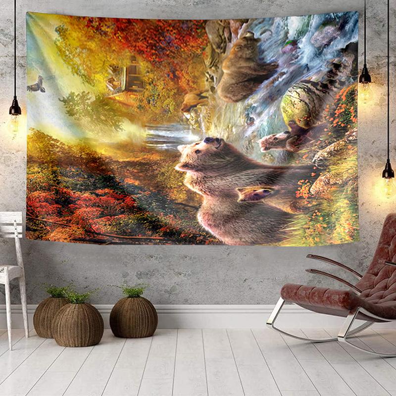 Autumnal Bear Family Scene Tapestry Room Decoration Wall Hanging for Living Room Bedroom, dormitory, Birthday and Christmas gifts