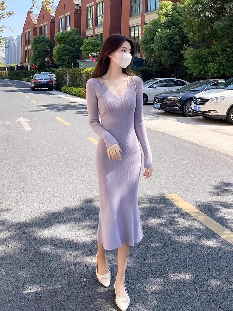 Knitted Dress Autumn Fashion Suspender Celebrity Versatile Gentle Temperament Slim Sweater V-Neck Hip Wrap Skirt