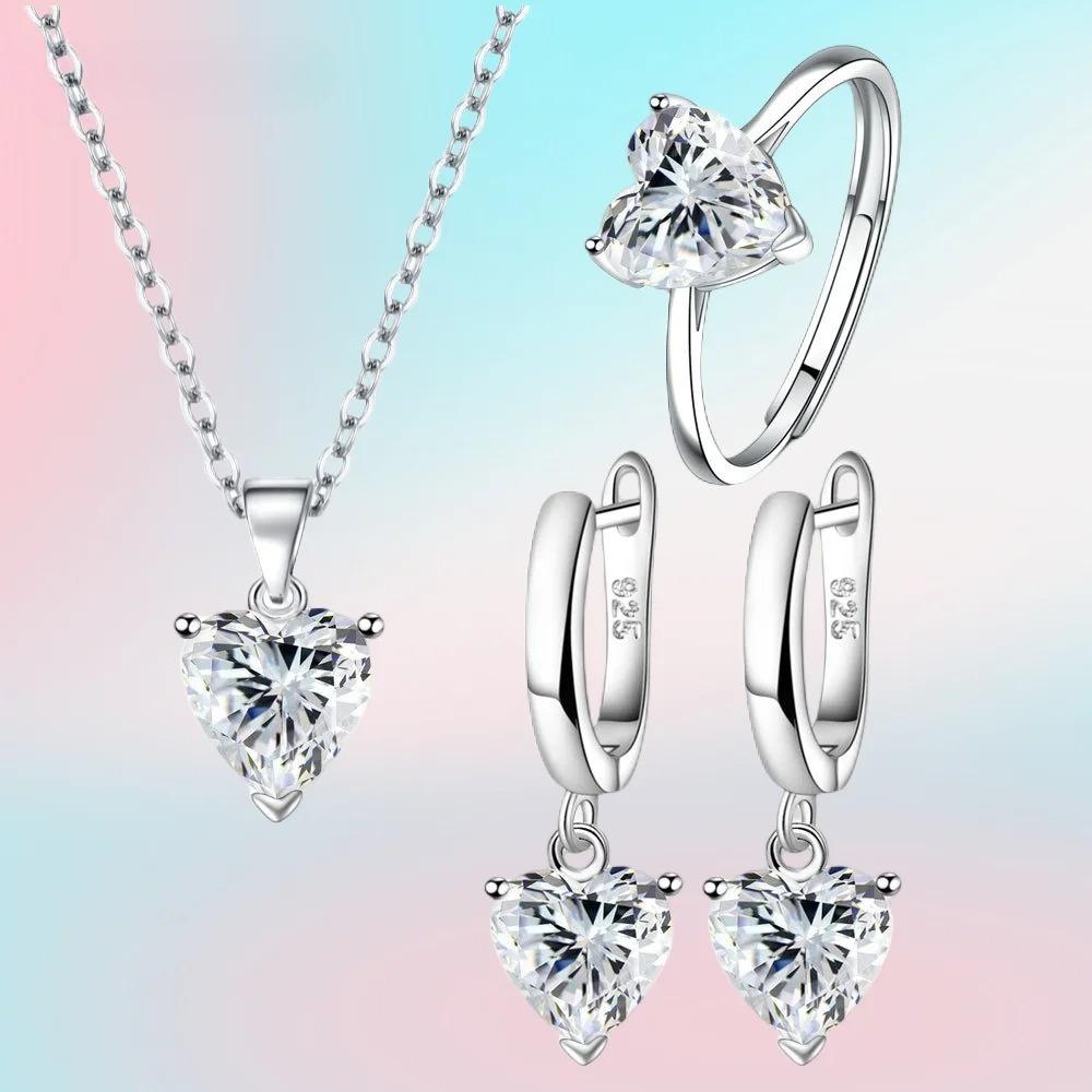 Fine   Copper Jewelry Gift Sets for Women Female Romantic Heart Zircon Huggie Earrings Pendant Necklace Ring