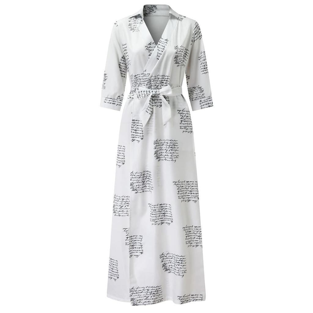 Damen Langarm Maxikleid V-Ausschnitt Knöchellang Langes Kleid Lässiges A-Linien-Kleid mit Gürtel