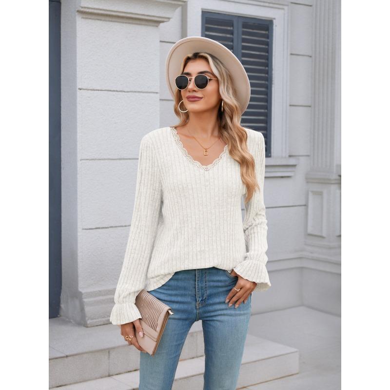 Women's Fashion Casual Solid Color Print Long Sleeve V Neck Blouses & Shirts