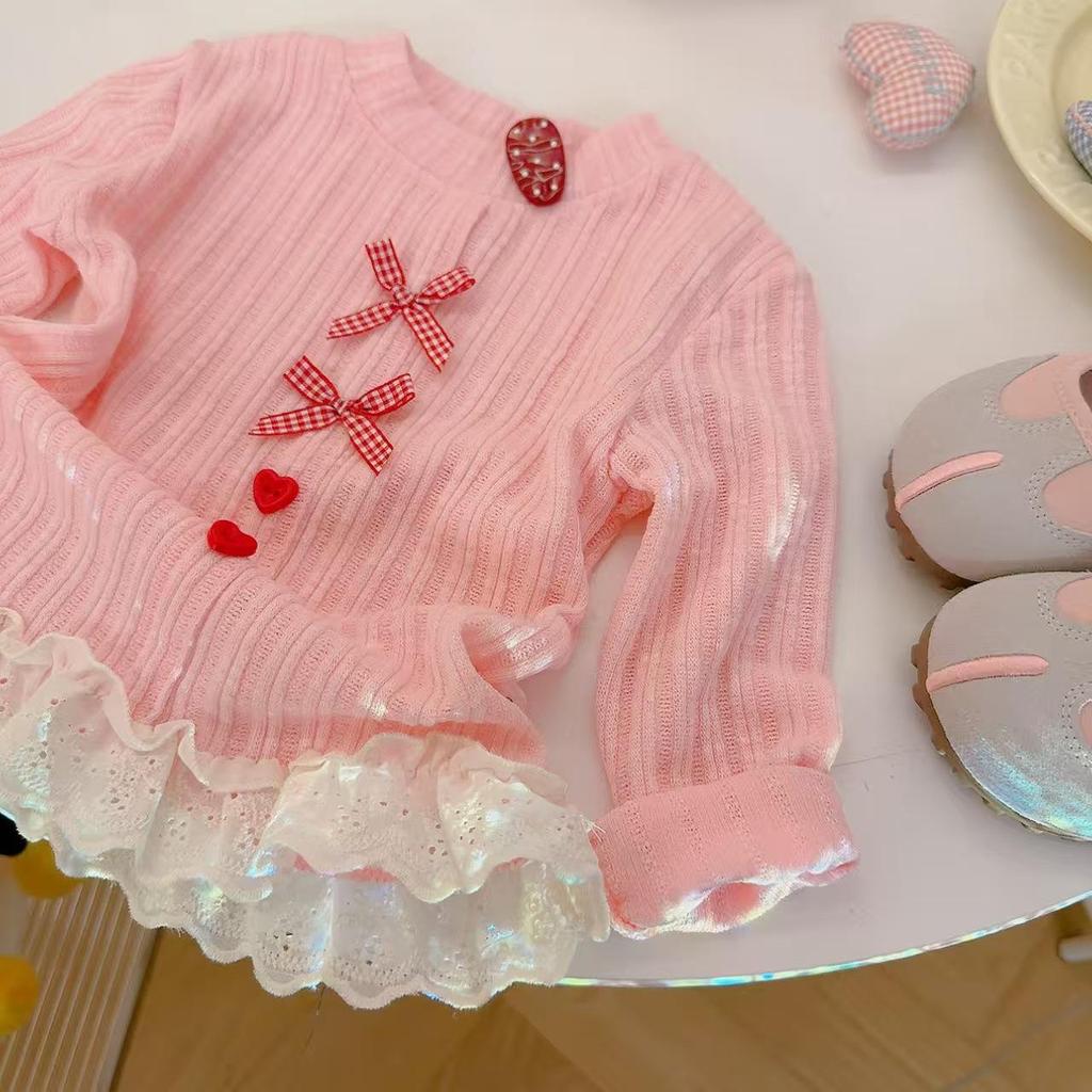 Flicktopp i spets med rosett, elegant, långärmad, för vår