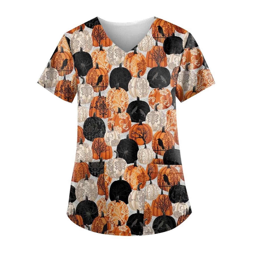 Women's Hallowen Printing Short Sleeve V-neck Tops Working Uniform Pocket Blouse