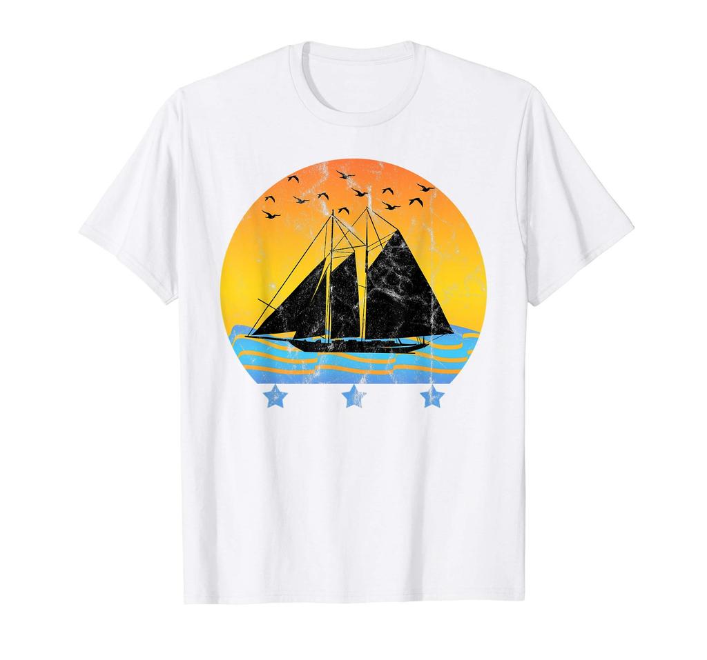 Retro Vintage Sunset Schooner Yacht Summer Vacation White T-Shirt