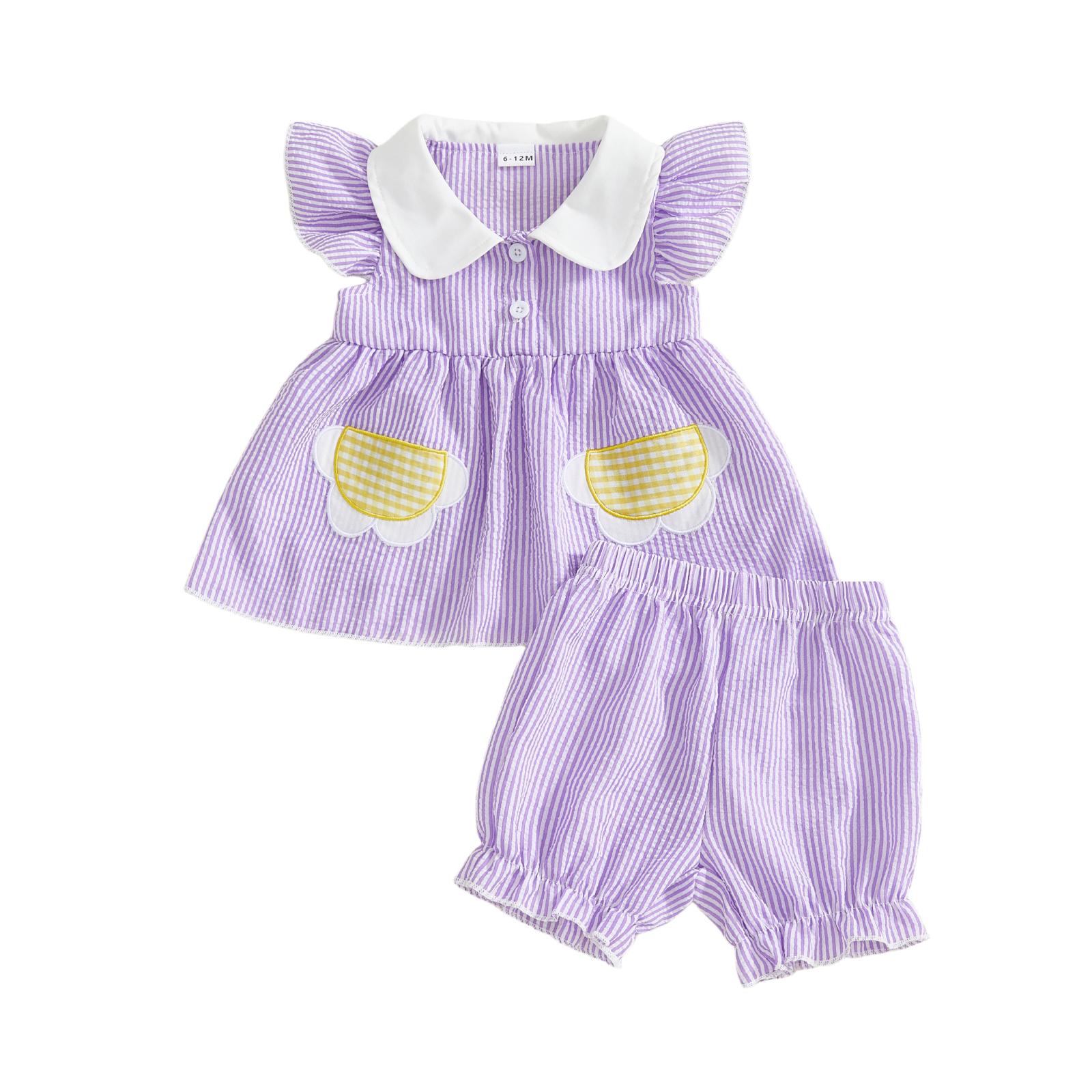 Stylish Girls 2-Piece Set with Striped Sleeveless Doll Collar Top and Matching Shorts - Trendy Summer Outfit 6-12 Months фиолетовый