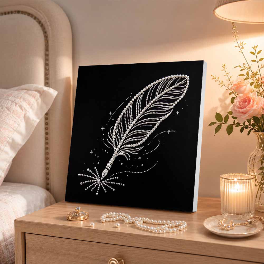 DIY Feather Pearl Diamond Painting Set with Frame. 3D Pearl Beads. Home Wall Decor