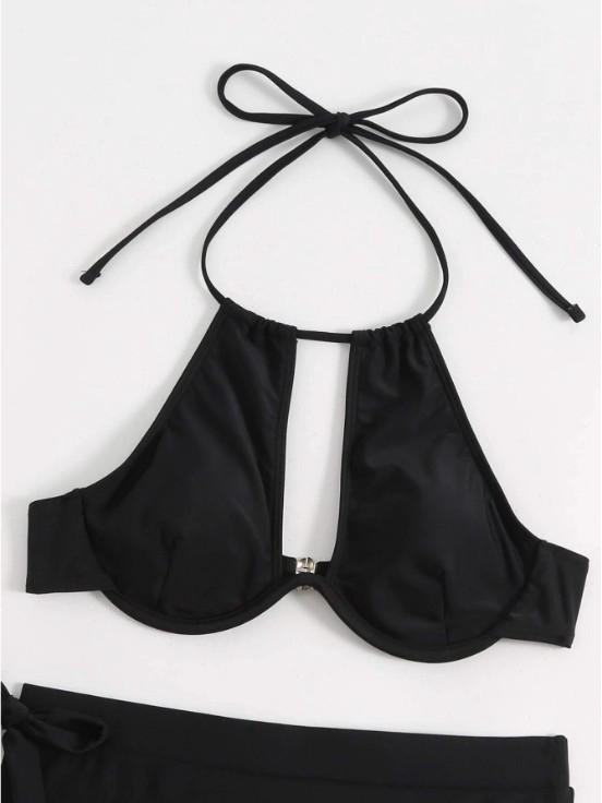 2024 Bikini Split Monocrom cu Talie Înaltă cu Sârmă și Push-Up pentru Femei