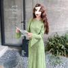 Premium Light Green Retro Dress Women's Early Spring and Autumn Print Super Long To the Ankle a Word Long Dress