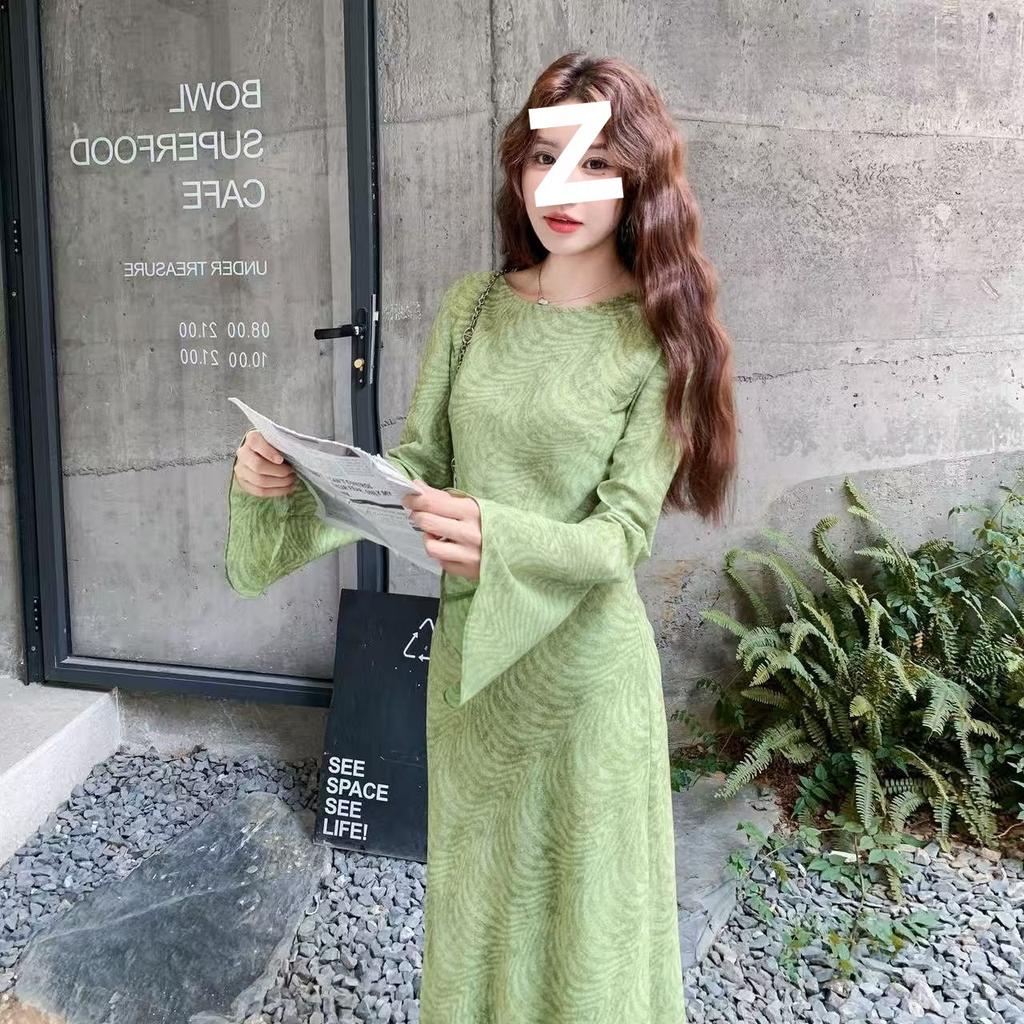 Premium Light Green Retro Dress Women's Early Spring and Autumn Print Super Long To the Ankle a Word Long Dress