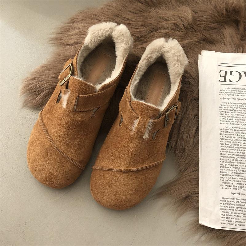 Fashion 2024 Autumn and Winter New Fashion Leather Women Plus Velvet Retro Bean Shoes Women Cotton Shoes Women Flat Shoes