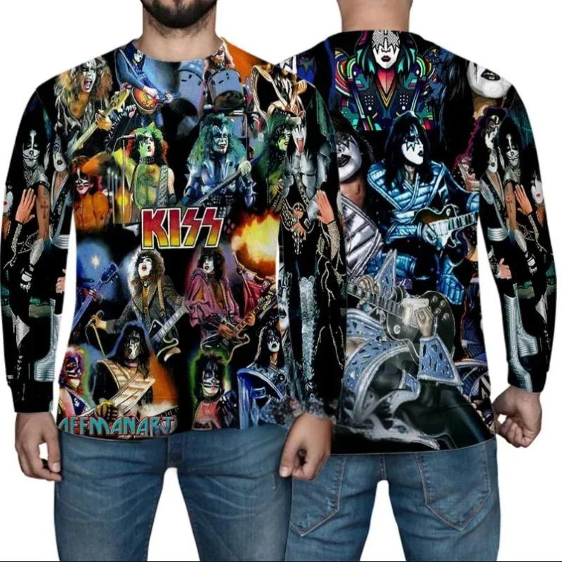 Rundhals 3D-bedrucktes Oberteil Lässige Hip-Hop Langarm Herren T-Shirts - Weicher Mittlerer Stretch Polyesterstoff Frühling und Herbst Relaxed Fit Kleidung