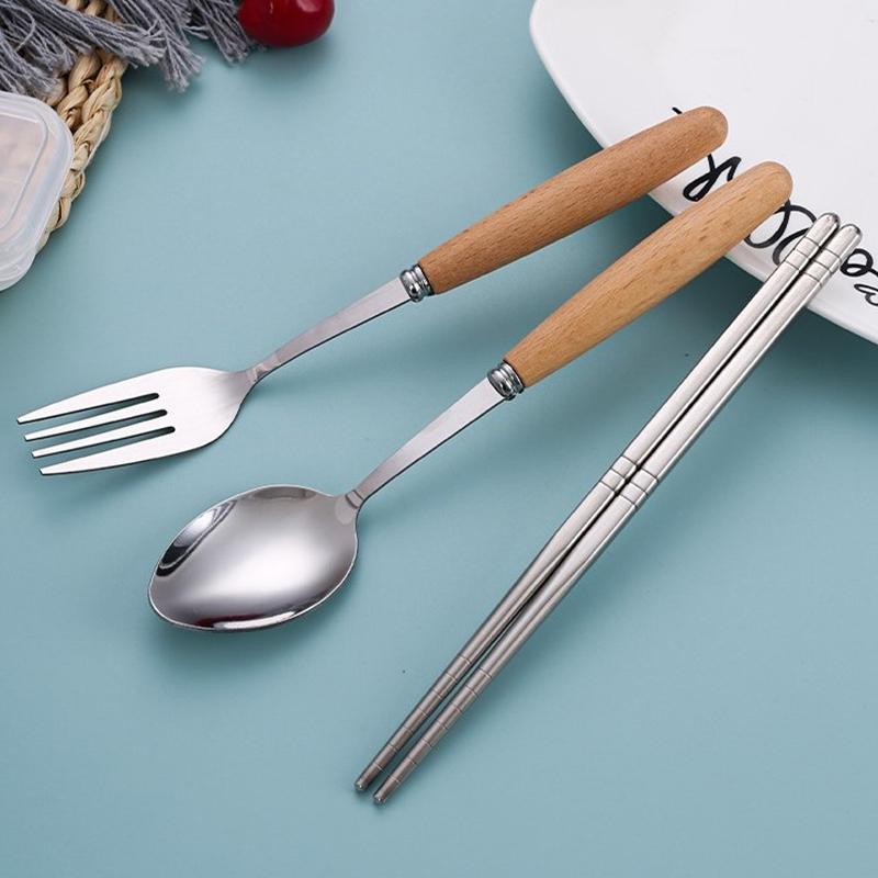 Wooden-Handled Cutlery Set Stainless Steel Spoon Fork And Chopsticks Set Three-Piece Cutlery Box Set