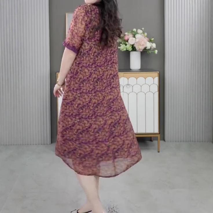 2025 Summer Plus Size Loose Fit Pleated Chiffon Slimming Dress for Women