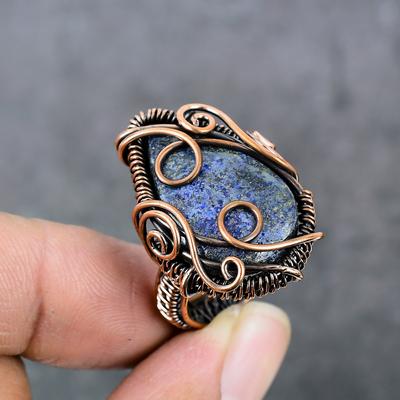 Natural Lapis Lazuli Gemstone Copper Wire Wrap Gift Jewelry Ring Size 8 T4p76
