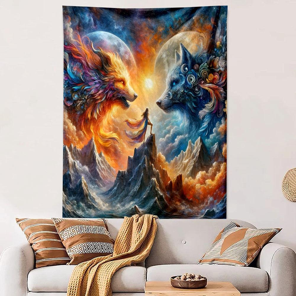 "Cosmic Wolves and Fiery Balance" Patterned tapestry home decor, suitable for bedroom and living room, gift
