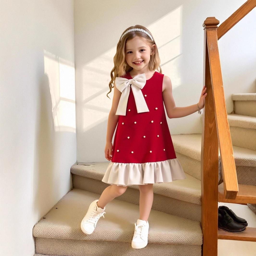 Girls Sleeveless Summer Vest with Bow Pearl Trim and Lace Hem French Hepburn 90
