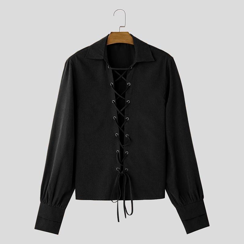 

INCERUN Мужские рубашки с отворотом и длинным рукавом, повседневные однотонные топы с открытыми плечами M чёрный