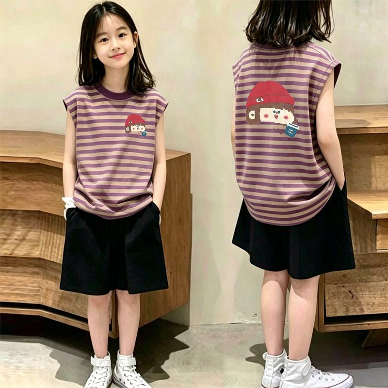 Trendy Girls' Colorblock Striped Vest & Sleeveless Top Set – Korean Style for Summer