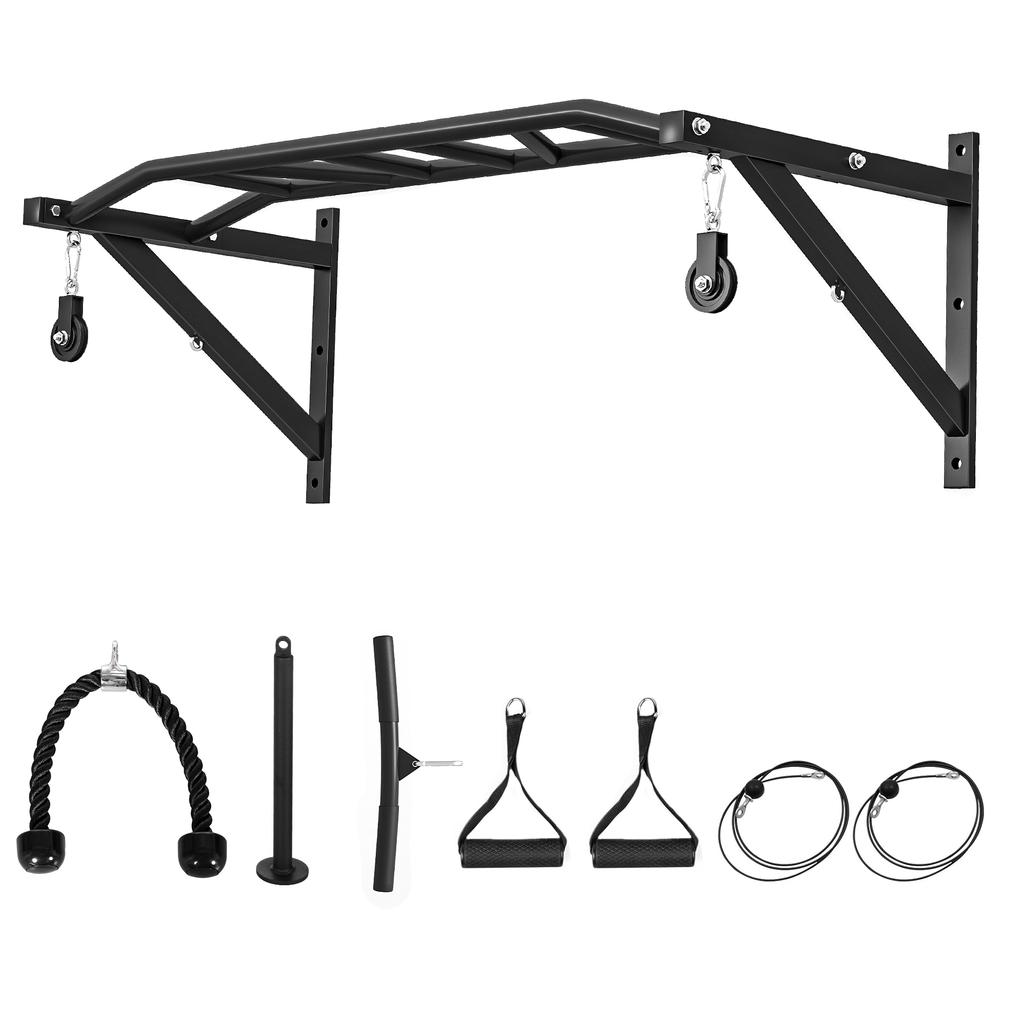 Wall-Mounted Pull-Up Bar Multi-Grip Fitness Bar with Cable Pulley System, 200kg Load, Steel 126x60x45.5cm, Black