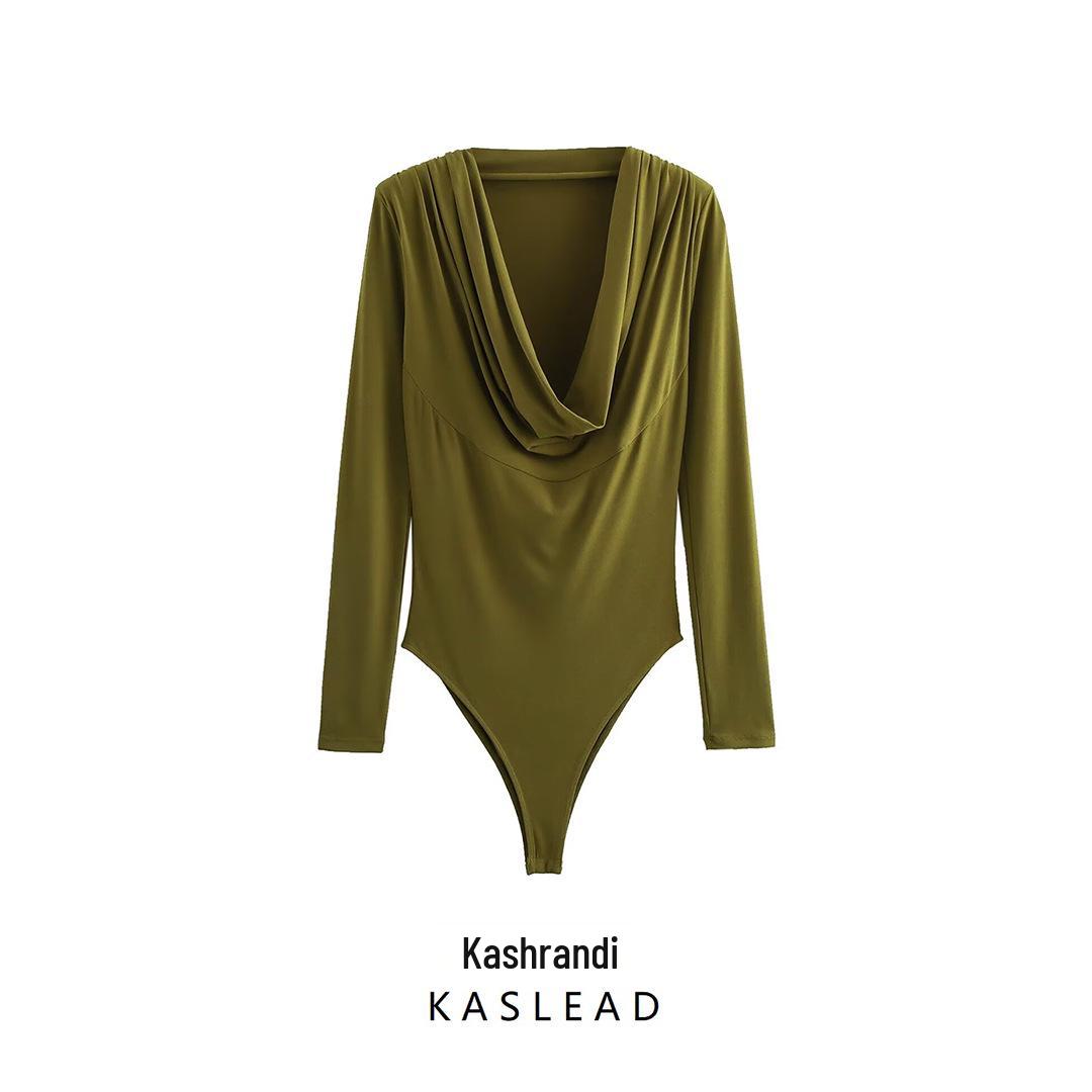 

2024 Autumn Women s European & American Style Pleated Shoulder Pad Bodysuit Fashion Medium зелений