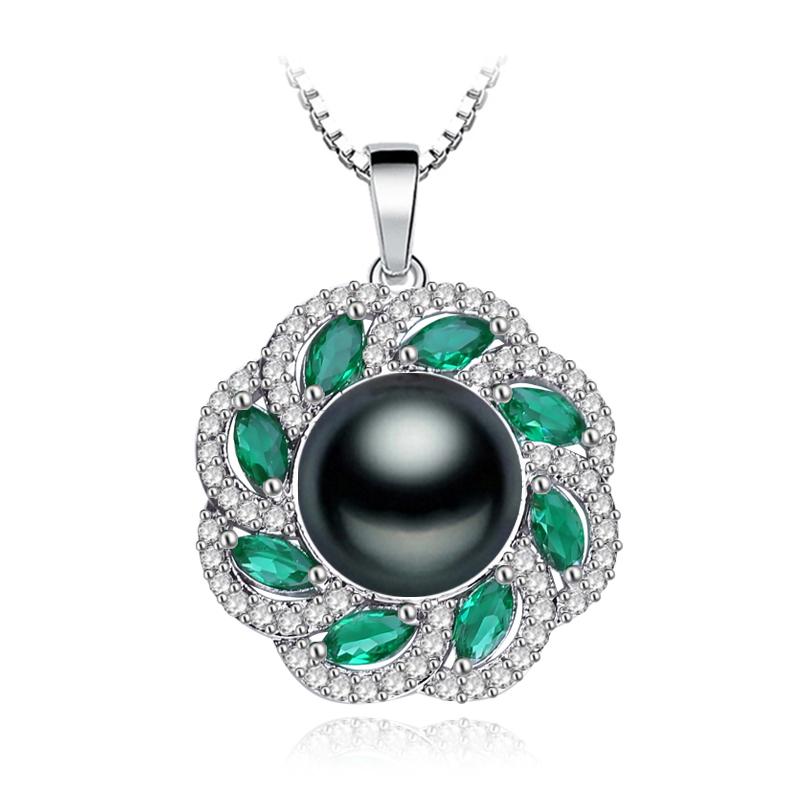 LSOOYH 10-11mm Große Natürliche Süßwasser Perle Neckalce Mode Zirkonia Grün Kristall Blume Anhänger Halsketten Für Frauen