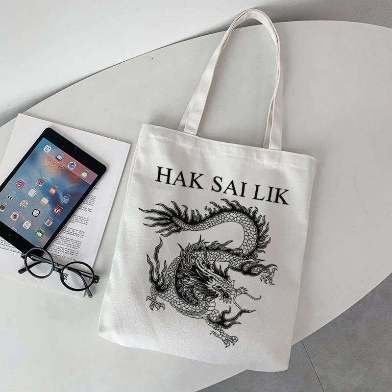 Women Bag Dragon Print Canvas Bag Shopper Bag Harajuku Y2k Large Capacity Punk Gothic Casual Cartoon Women Shoulder Bags Handbag