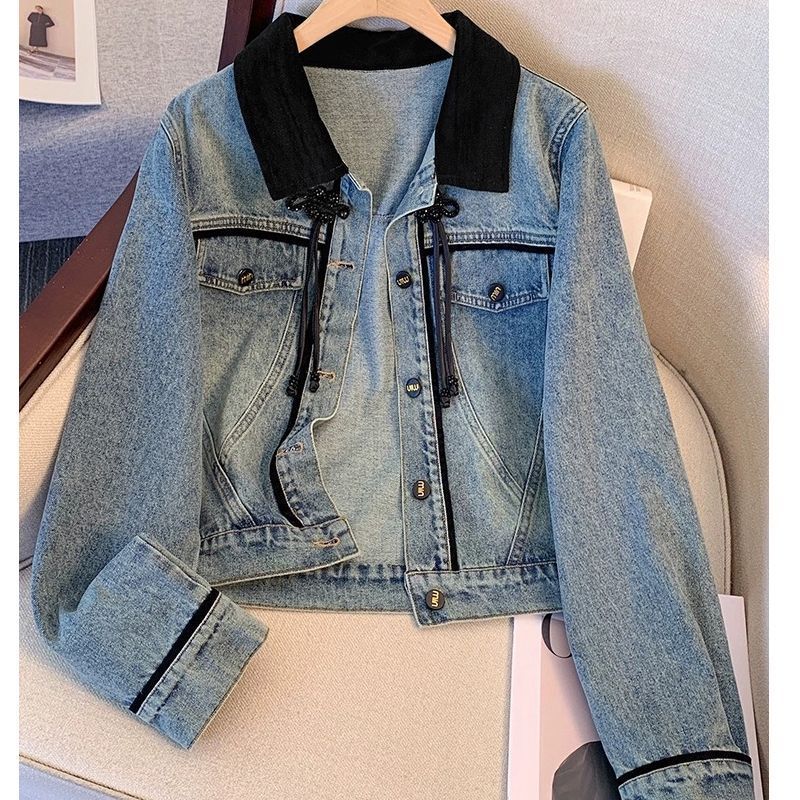 

Новая китайская стильная пряжка в национальном стиле, маленькая ароматная джинсовая куртка, женская весенняя новая маленькая модная короткая куртка L 120-139