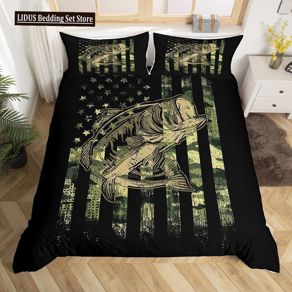 Pike Fish Bedding Striped Bass Big Pattern Hunting And Fishing Themed Duvet Cover For Kids Boys BedRoom Decorations For Teens