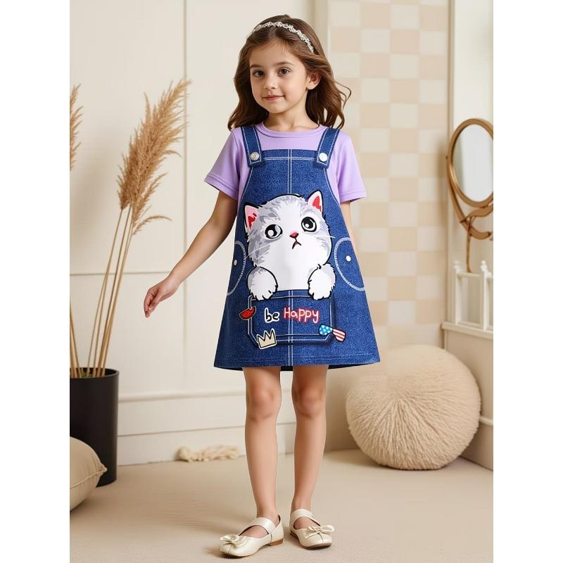 Dress for Girls Fashion Cowboy Print Fake Two-Piece Set Short Sleeve Summer Dresses Casual Round Neck A-Line Dress Girl Clothes