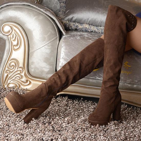 Damskor med hög klack, sexig europeisk och amerikansk stil höst och vinter nya vattentäta platå tjock klack stor storlek romerska medelhöga stövlar