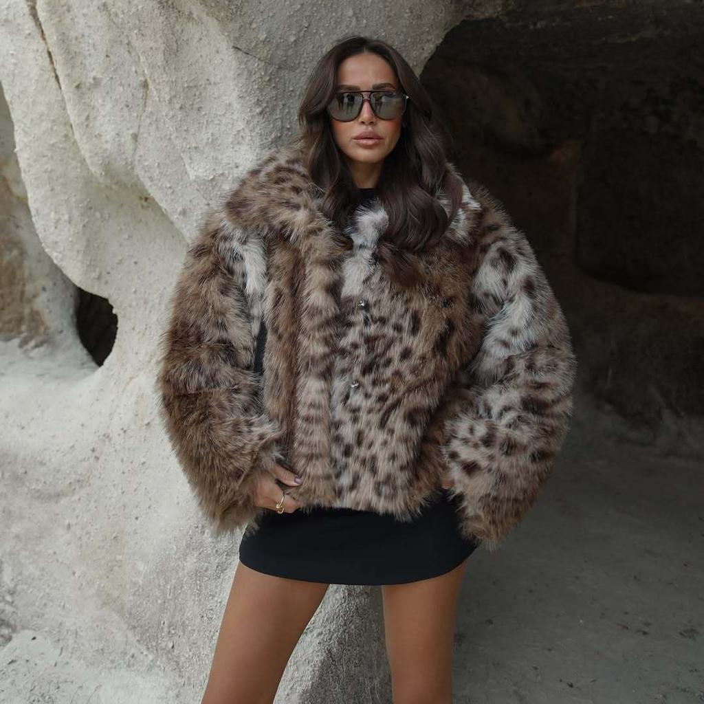 2025 cross-border Europe, America, autumn and winter Amazon's new leopard print woolen jacket women's warm fur collar trend