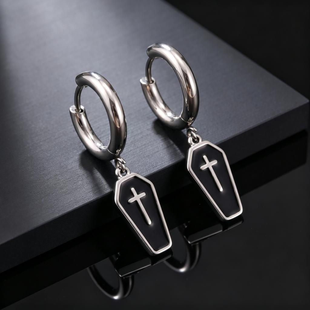 Gothic Coffin Cross Dangle Earrings for Men, Waterproof Stainless Steel Punk Earrings, Unique Fashion Piercing Jewelry Gift