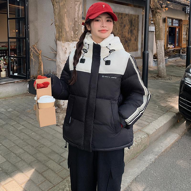 Spliced contrasting hooded cotton clothes for women in 2025 winter new loose thickened warm jacket bread jacket